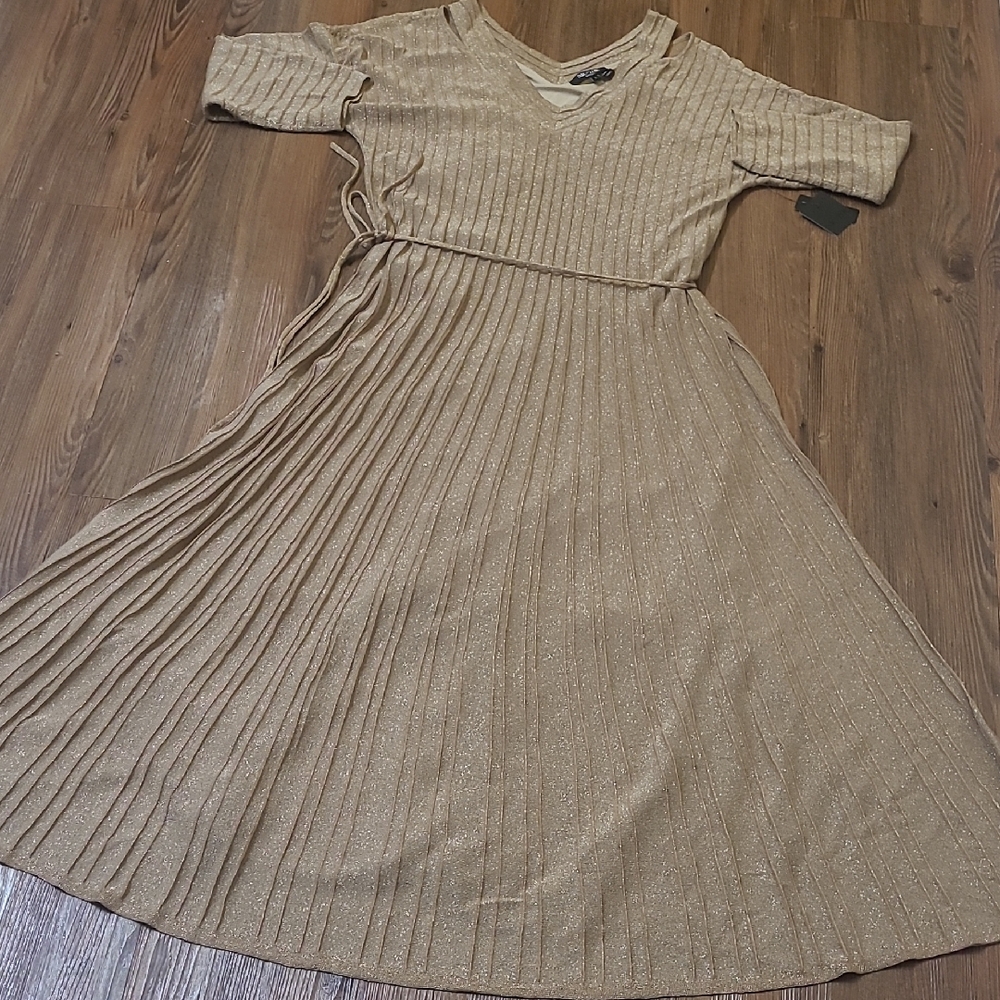 NIC+ZOE Gold Metallic‎ Pleated Maxi  Dress zise L new